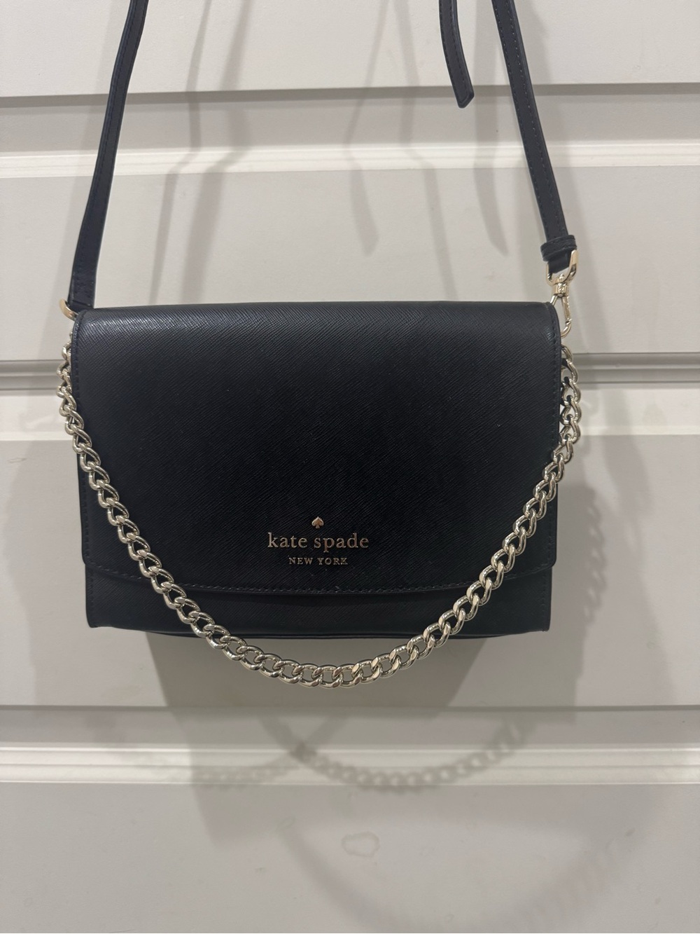 kate spade Black Saffiano Leather Crossbody with Gold Chain
